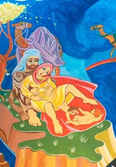 Fototapeten FORLI, ITALY - NOVEMBER 11, 2021:  The modern fresco of Nativity of Jacob and Esau in the church Chiesa di San Giuseppe Artigiano by Franco Vignazia (2019). © Renáta Sedmáková