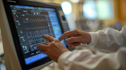 Closeup of Doctor's Hand Checking Ultrasound Monitor