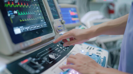 Closeup of Doctor's Hand Checking Ultrasound Monitor
