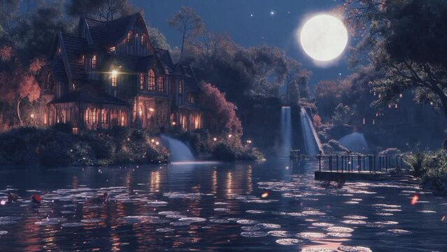 Night Time Oasis: Moonlit Waterfall, Twin kling Stars, and Cozy Wooden House by the Clear Pond.Seamless looping 4k time-lapse virtual video animation background