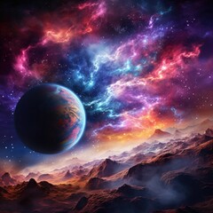 Planet Earth with Moon and Colorful Nebula on background - obrazy, fototapety, plakaty