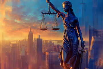 Statue of Justice Overlooking a Modern Cityscape - obrazy, fototapety, plakaty