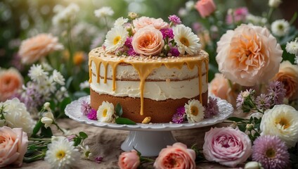 Obraz na płótnie Canvas Beautiful homemade cake decorated with fresh flowers surrounded by spring summer flowers bouquets, against the backdrop of a spring garden.