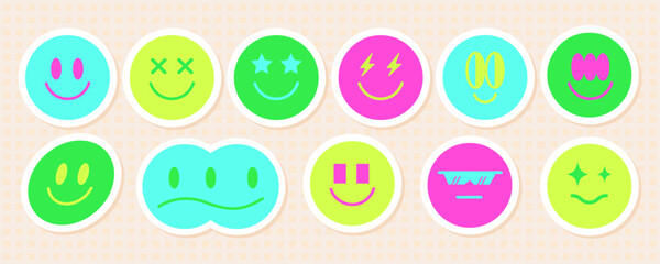 Retro abstract acid smile face sticker pack, futuristic psychedelic groovy emoji decoration graphic, vintage streetwear rave cute avatar symbol aesthetic, space trippy y2k emoticon icon set.