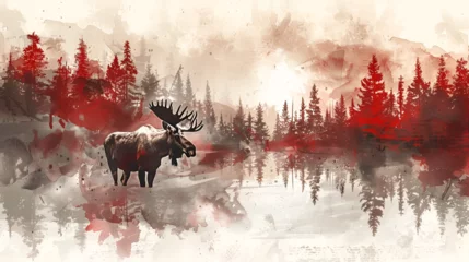 Fototapeten Moose, Canadian Animal, silhouette of Moose in jungle with Canadian Flag colors, wildlife, world animals Day, Generative Ai © Jaunali
