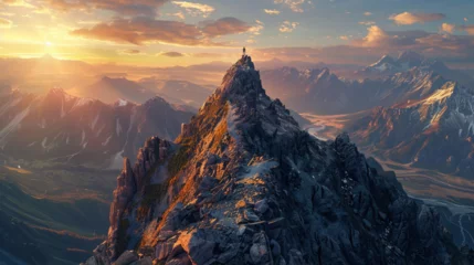 Poster Im Rahmen Silhouette of a lone explorer on a rugged mountain ridge at sunset © Nijam