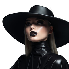 young woman in a black wide-brimmed hat, Isolated on transparent PNG background, Generative ai