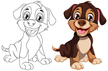 Two cartoon dogs, one colored and one line art.
