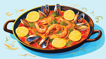 Paella with shrimps oysters and slices of lemon 