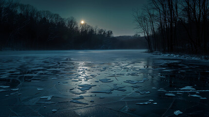 A frozen lake lies under the cover of darkness its surface cracked and shimmering in the moonlight. The surrounding trees cast long . .