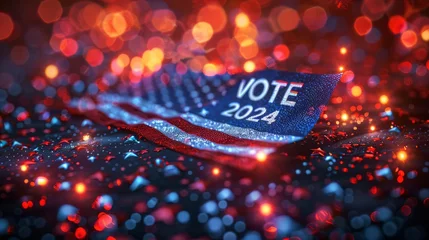 Rolgordijnen Closeup of a 2024 vote badge on red and electric blue background © yuchen