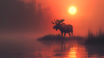 Moose, Canadian Animal, silhouette of Moose In The Fog at sunset, wildlife, world animals Day, Generative Ai
