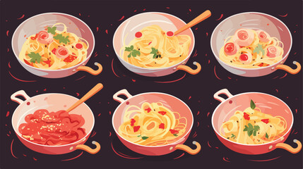 Pasta cooking process set. Boiling pasta and frying