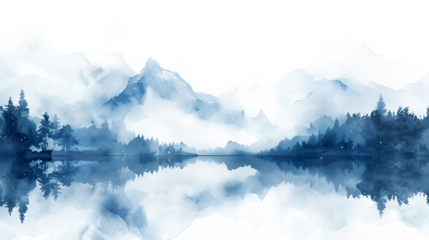 Watercolor landscape, Picture of a pine forest, a blue silhouette of trees and bushes. Blue splash of paint. on texture and transparent background