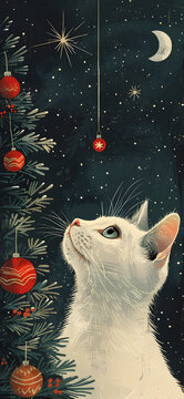 A Felidae organism with whiskers gazes up at a Christmas tree