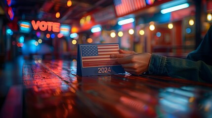 Person holding American flag, enjoying night at bar with drink in hand - obrazy, fototapety, plakaty