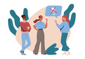 Abstinence from alcohol concept. Woman refuse from wine in glass. Young girl with healthy lifestyle and without bad habits. Cartoon flat vector illustration isolated on white background