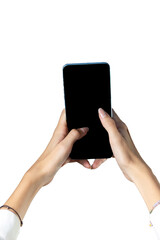 Female Hands Holding Smartphones with Blank Screens Typing Text Messages close up