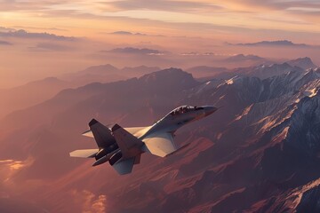 Jet fighter at mountain with sunset view - obrazy, fototapety, plakaty