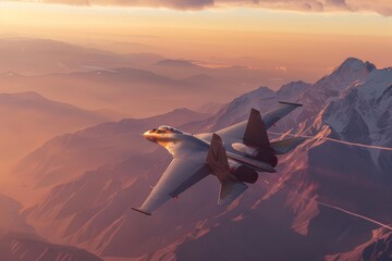 Jet fighter at mountain with sunset view - Powered by Adobe