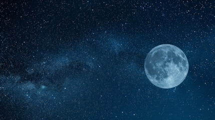 Stars ling in the deep blueblack expanse of the night sky while the full moon shines brightly to steal the show. . .