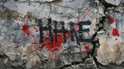 A closeup of a spraypainted message scrawled across a cracked concrete wall calling for unity and rebellion against societal norms.