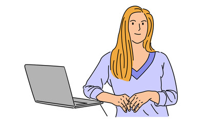 line art color of woman at his desk is working on the laptop computer