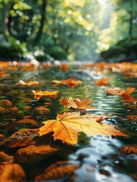 Vibrant, photorealistic creek closeup, random forest leaves floating, natural lighting ,ultra HD,clean sharp focus