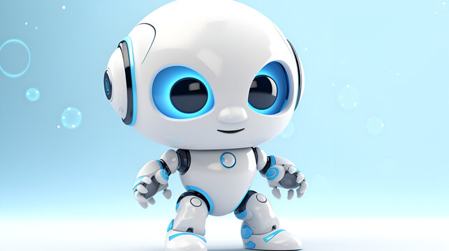 a  cute white and blue eyed robot Future Engineering Mechanical Unique Electronic Gadget on blue background