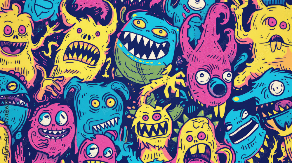 Wall mural Colorful Doodle Monsters Vector Pattern