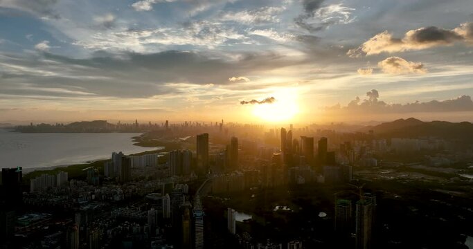 Aerial footage of beautiful landscape at sunset in shenzhen city, China
