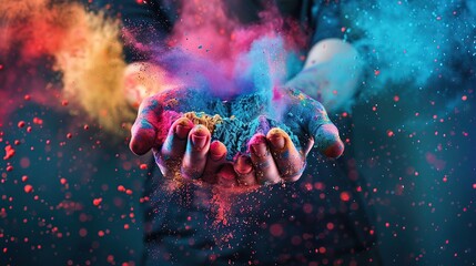 Realistic illustration for the holi celebration with a hands throwing colorful powder in the air. copy space for text.