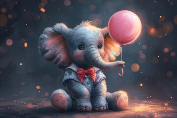 Cute cartoon illustration of a baby elephant in a sailor costume holding a balloon. - obrazy, fototapety, plakaty
