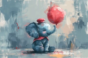 Animated modern illustration of a baby elephant with a balloon in his trunk, dressed in a sailor costume. - obrazy, fototapety, plakaty