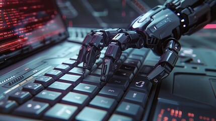 Robotic hand pressing a keyboard on a laptop 3D rendering. copy space for text. - obrazy, fototapety, plakaty