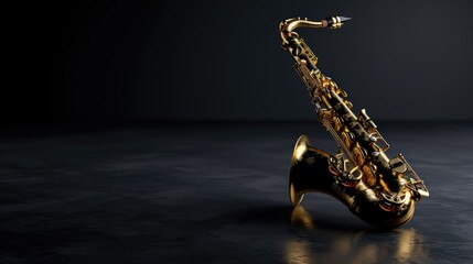 Gold saxophone is sitting on dark floor - obrazy, fototapety, plakaty