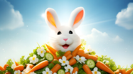 a white cute bunny with carrots under the blue sky pet rabbit rabbit food sunlight background - obrazy, fototapety, plakaty