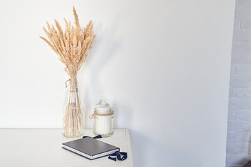 Beautiful bouquet of dried pampas grass flowers, reed flower in a glass vase against white wall,...