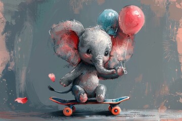 Cute baby elephant on skateboard with balloons hand-drawn modern illustration. - obrazy, fototapety, plakaty