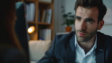 Obraz premium Young man in formal suit insurance broker lawyer consult client on workplace before pc screen offer service discuss electronic agreement text. Skilled employee mentor explain..