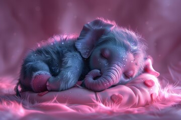 Illustration of a cute little girl elephant sleeping on a pretty pink heart.