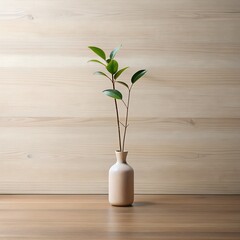 Minimalist view of a plant in a vase on wooden background