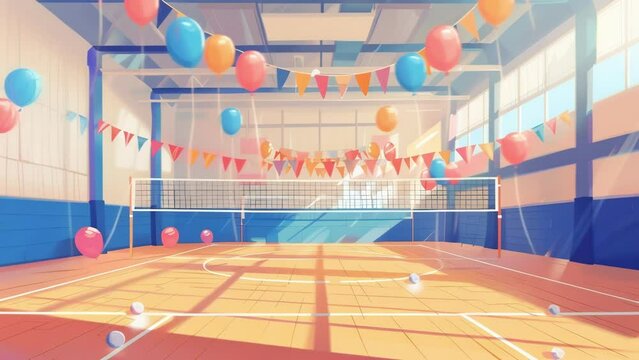 A community center hosting a volleyball tournament for kids with colorful banners and balloons decorating the court.
