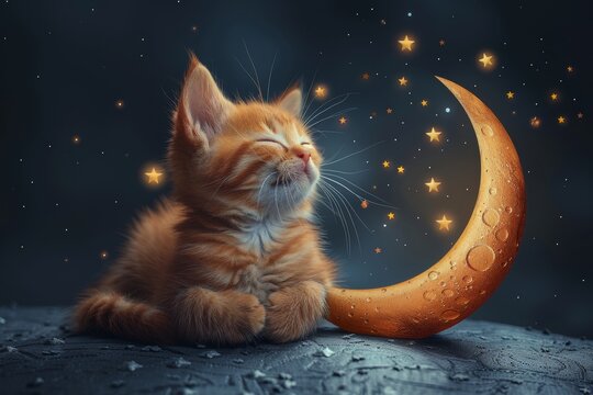 Illustration showing a cute kitten catching stars while sitting on the moon.