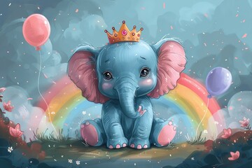 The image shows a cute baby elephant with a balloon and crown sitting atop a rainbow. - obrazy, fototapety, plakaty