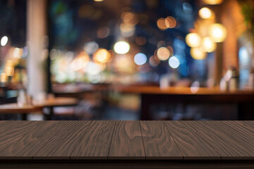 Wooden board empty table background. abstract blurred cafe background - obrazy, fototapety, plakaty