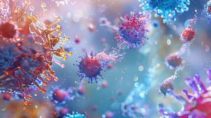 Fototapeta na wymiar Surreal Depiction of Viruses in a Colorful Microscopic World