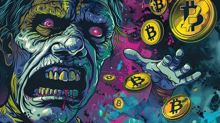 Psychedelic Zombie with Bitcoin Coins Art