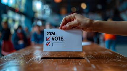 Person using thumb to slide ballot into wood box on table - obrazy, fototapety, plakaty