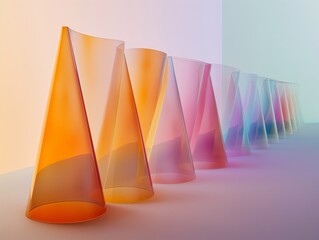 A row of translucent cones with a smooth color gradient transitioning from warm to cool tones against a pastel background.
